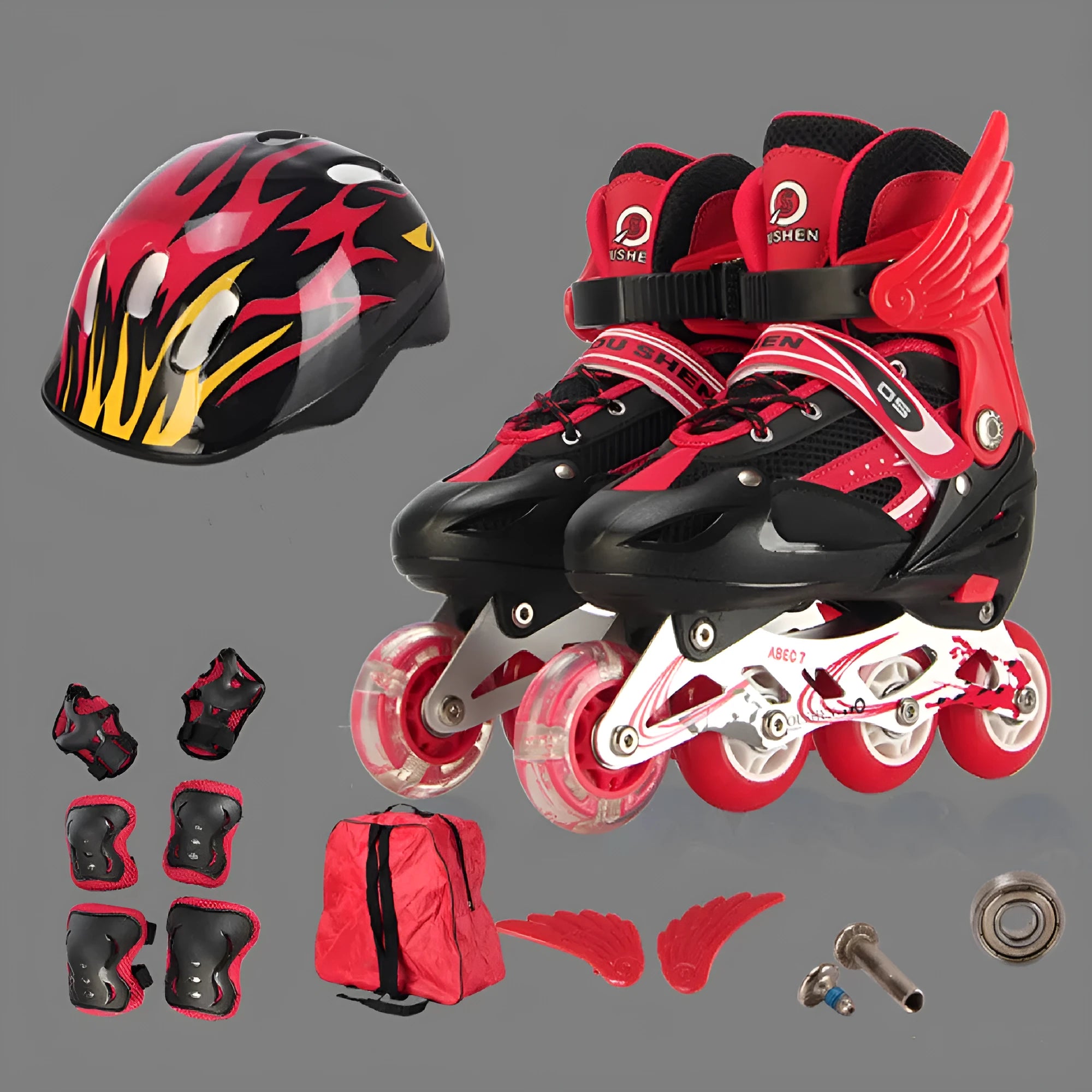Adjustable children's skating shoes with aluminium frame wheels and protective gear set