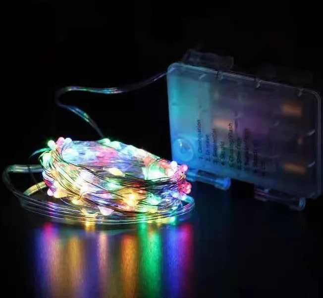 12-metre long copper wire LED string lights with 120 bulbs, shown in one of nine available colours.