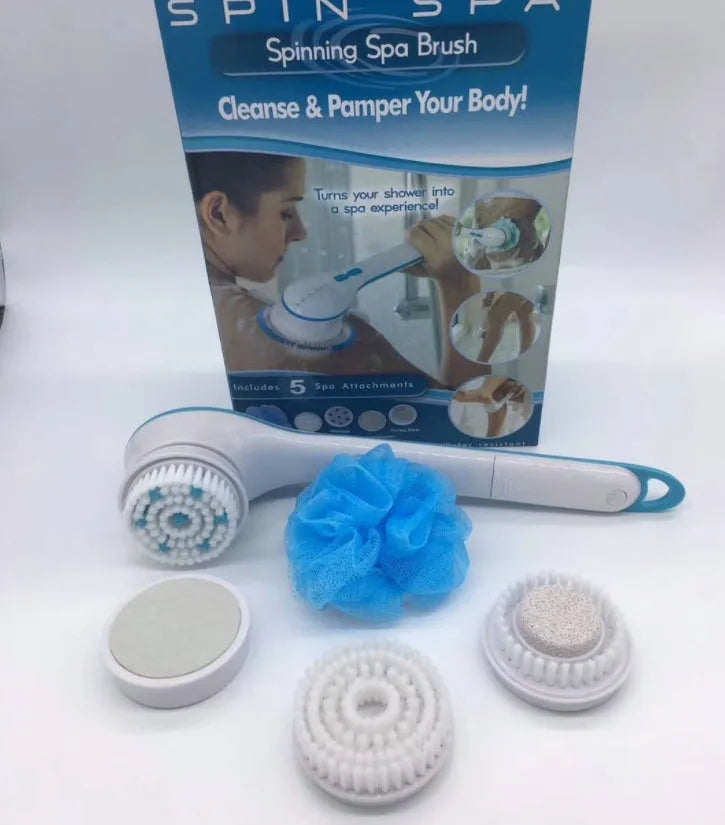 White and grey electric spin spa brush with ergonomic handle on bathroom tile surface