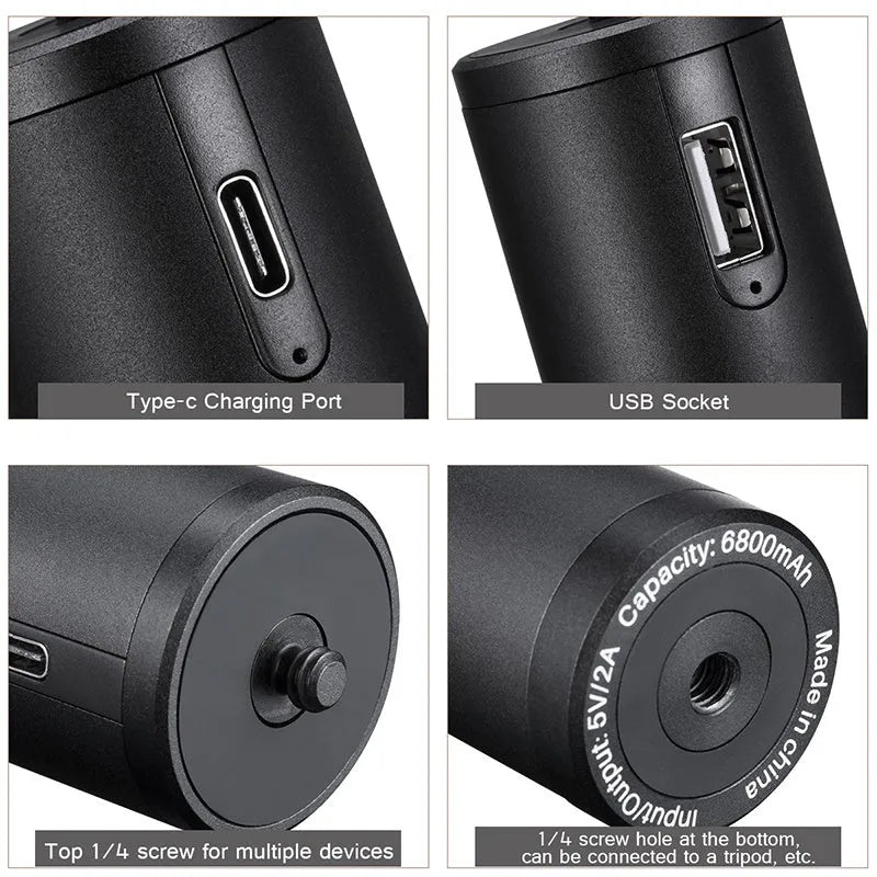 Black aluminium alloy portable power bank handle with 6800mAh capacity.