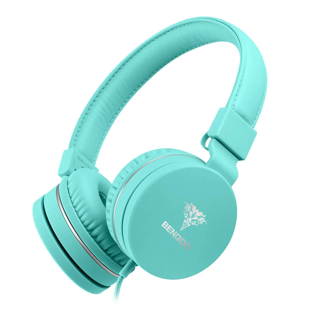 Bengoo C30 wired over-ear headphones with microphone in mint green colour, showing braided cable and 3.5mm plug.