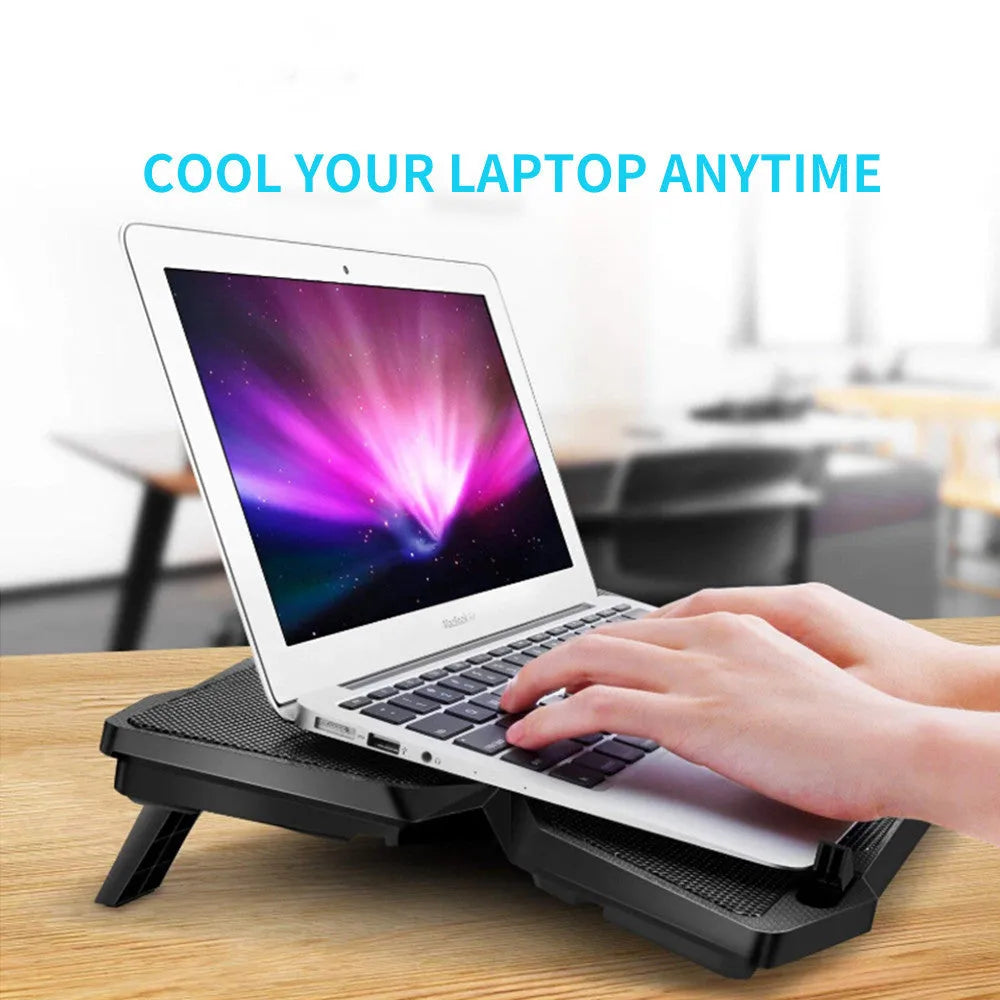 USB-powered computer cooling pad with four blue LED fans, two speed switches, and two USB ports on the side
