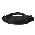 Black Oxford cloth men's waist pack with crossbody strap, showing internal phone and ID pockets.