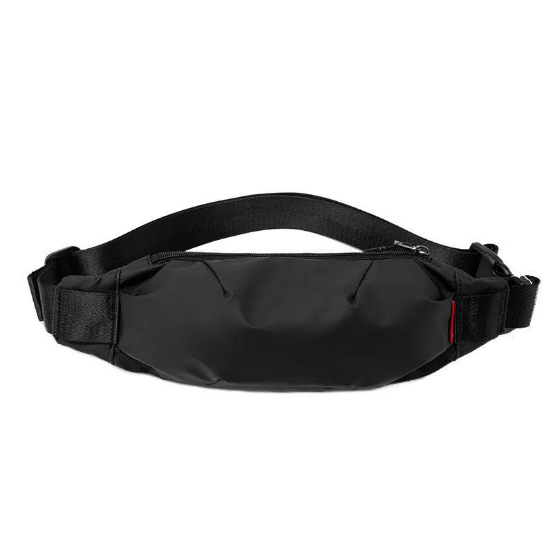 Black Oxford cloth men's waist pack with crossbody strap, showing internal phone and ID pockets.
