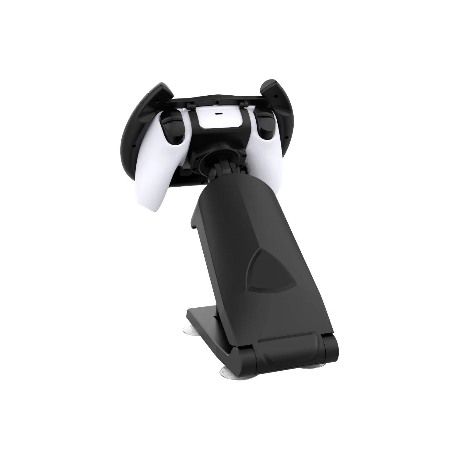 Black ABS plastic gamepad steering wheel bracket with suction cup base mounted to a table
