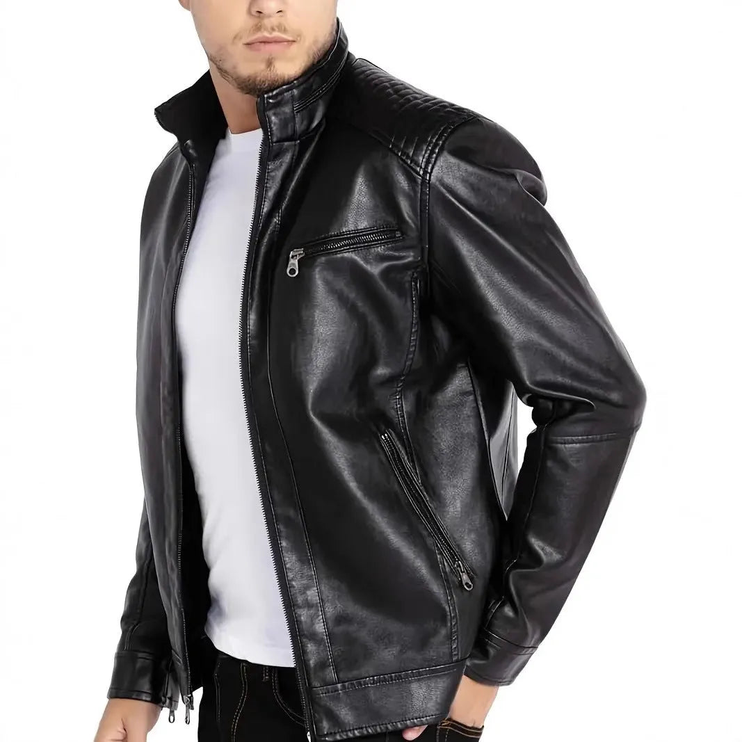 Men's brown artificial leather punk motorcycle jacket with a stand collar on a hanger.
