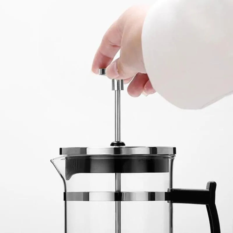 350ml capacity glass and stainless steel manual coffee maker, 10cm wide by 17cm tall.