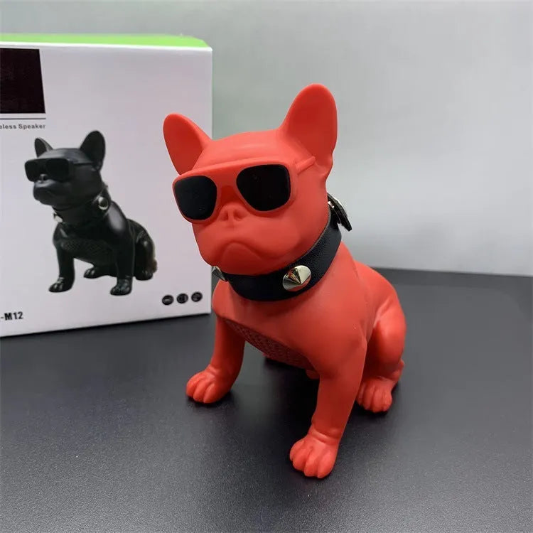 Mini Bluetooth speaker shaped like a bulldog, shown in black, red, and white colour options.