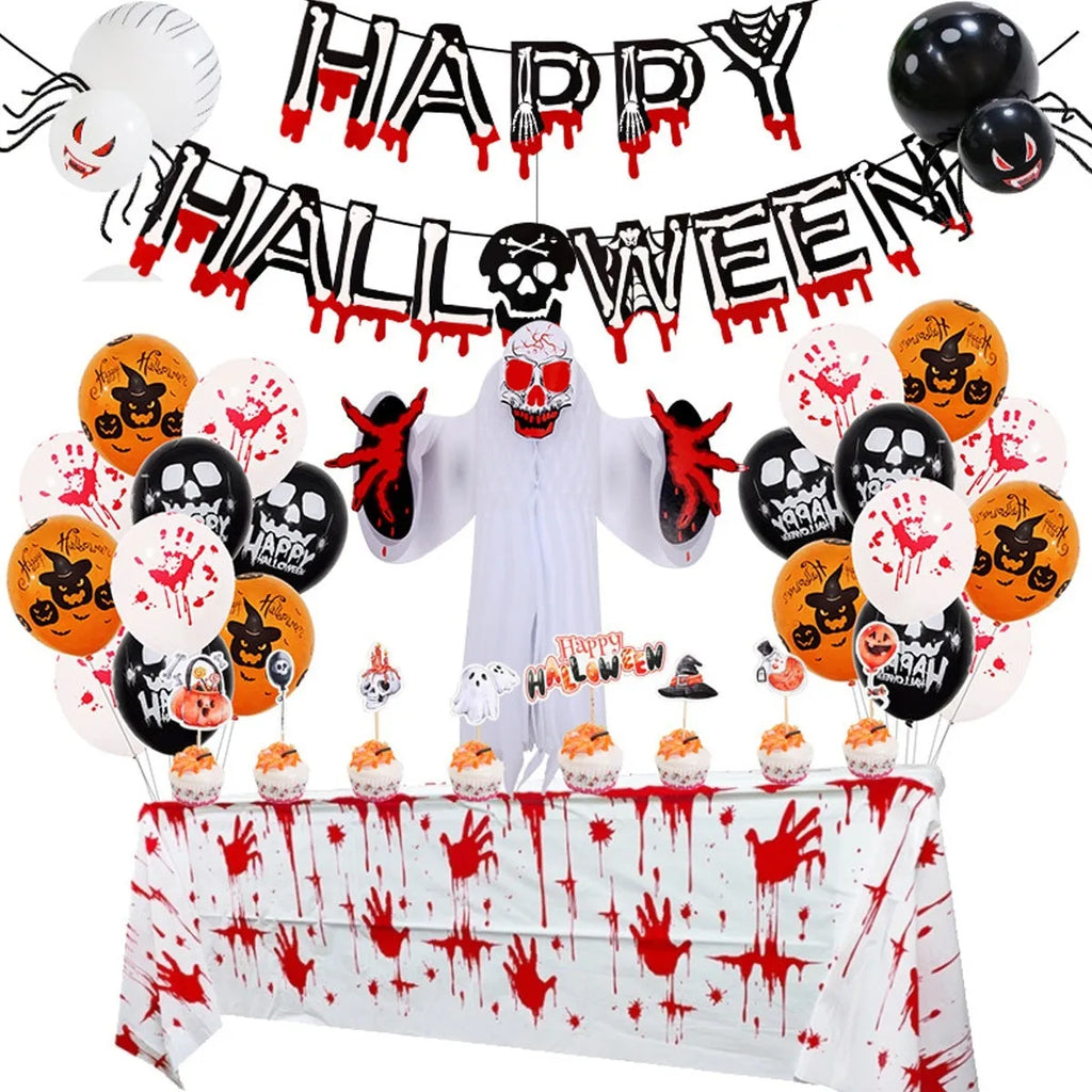 White and black latex Halloween balloons with skull and pumpkin designs for a spider balloon arch.