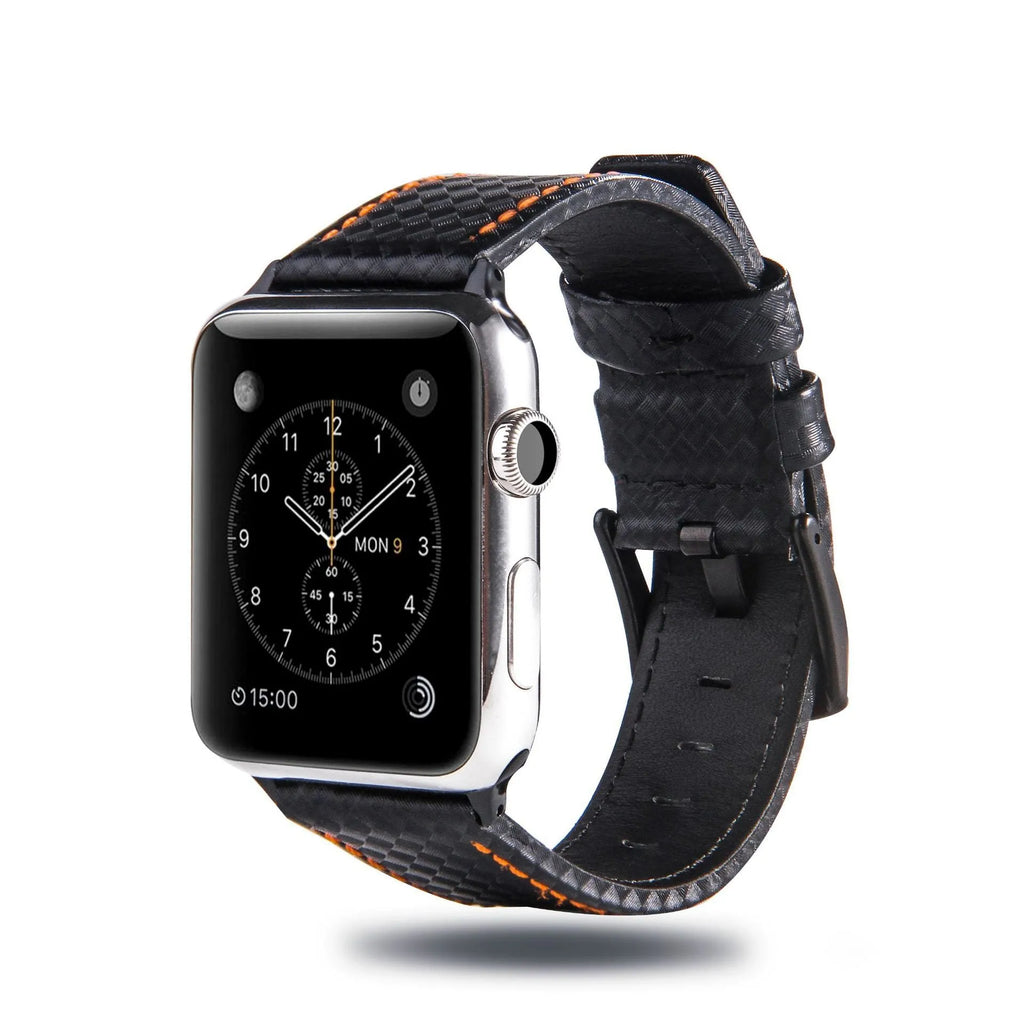 Leather Apple Watch strap with carbon fibre pattern case in black, blue, orange, and red colour options