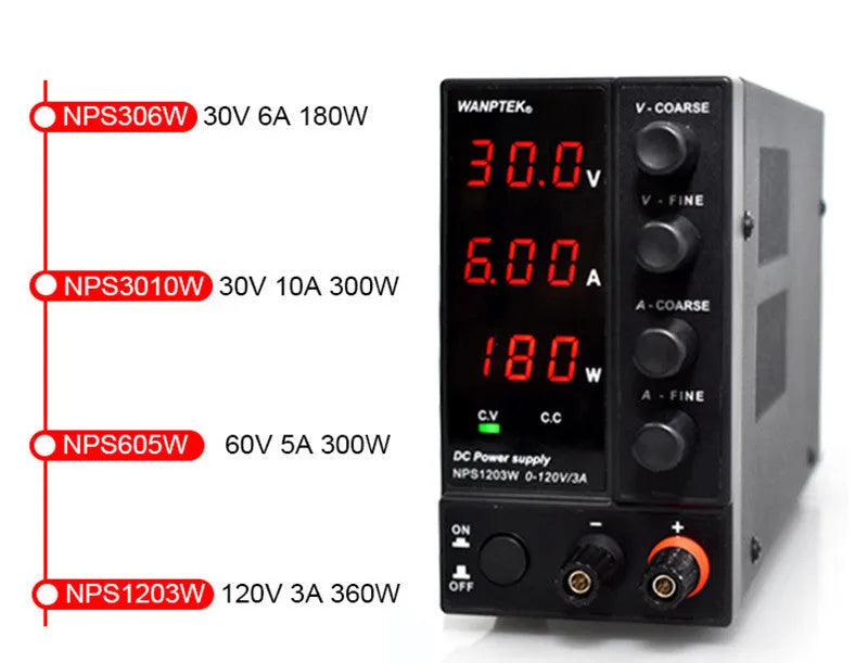 White adjustable DC power supply unit with 0-60V 0-5A output for electronics repair testing
