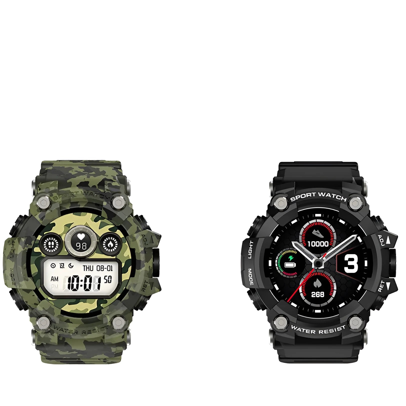 Black or Green T6 tactical rugged smart watch with 1.3-inch screen on wrist.