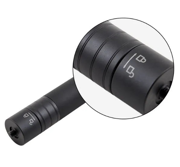 Black retractable aluminium selfie stick with hand-held stabiliser and phone grip, shown extended and collapsed.
