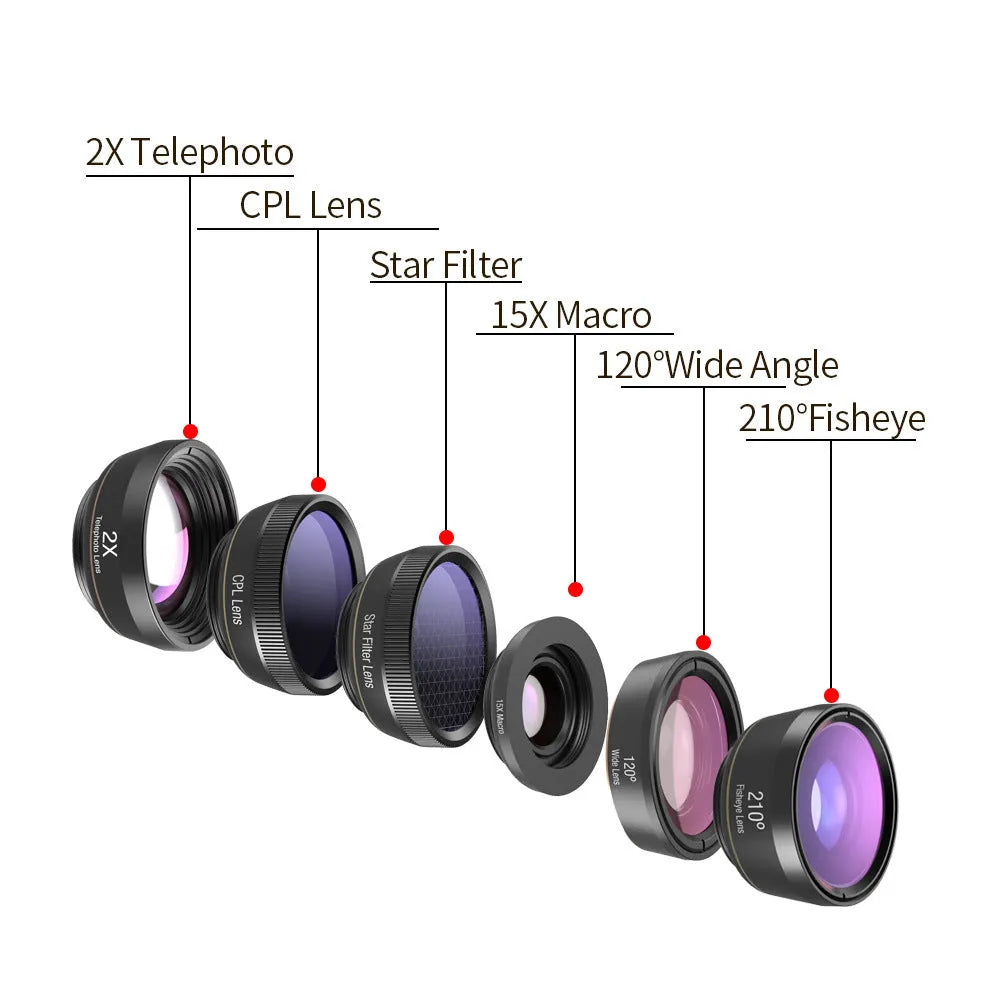 Black 6-in-1 smartphone lens kit with fisheye, macro, telephoto, wide-angle, CPL and star filter lenses and a universal clip.