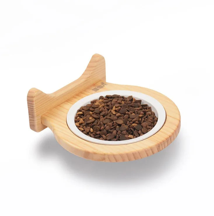 Ceramic cage wall bowl with solid wood stand, 14.6cm diameter, for pets