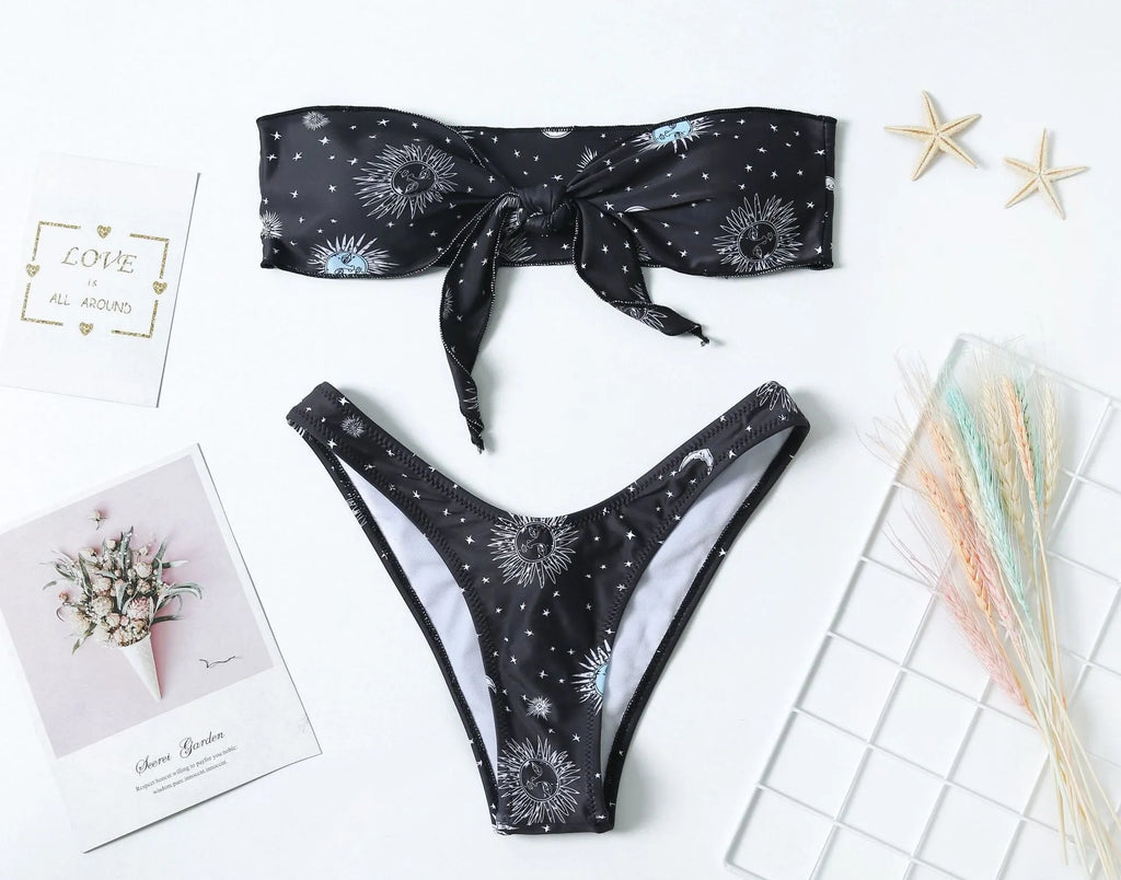 Black printed backless one-piece swimsuit for women