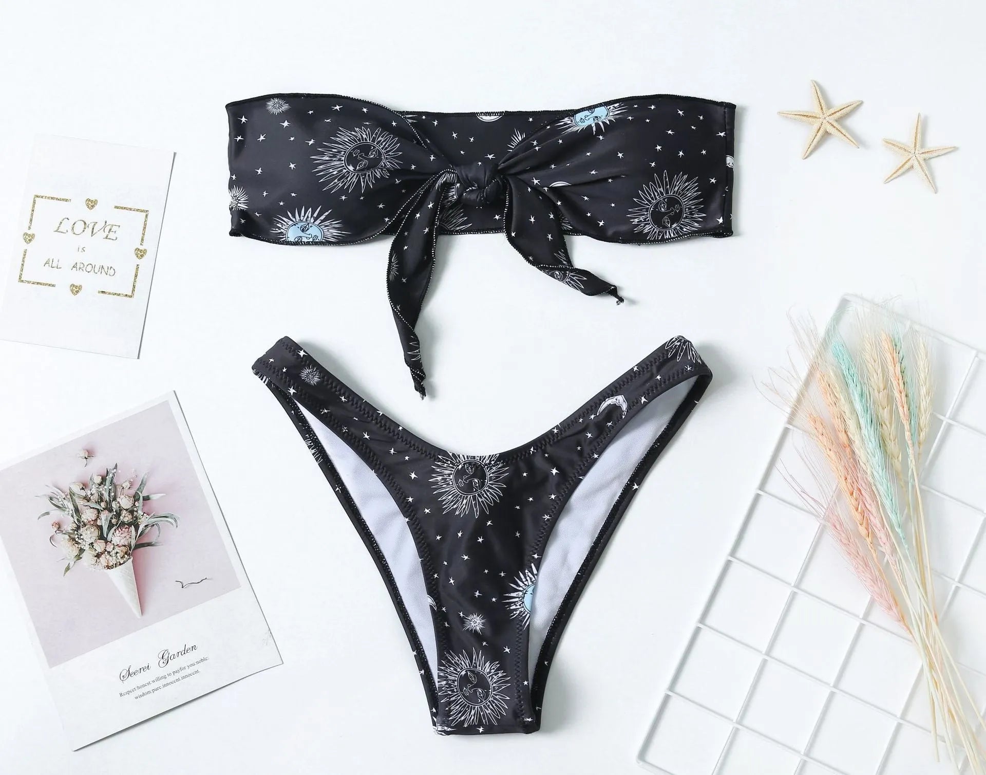 Black printed backless one-piece swimsuit for women