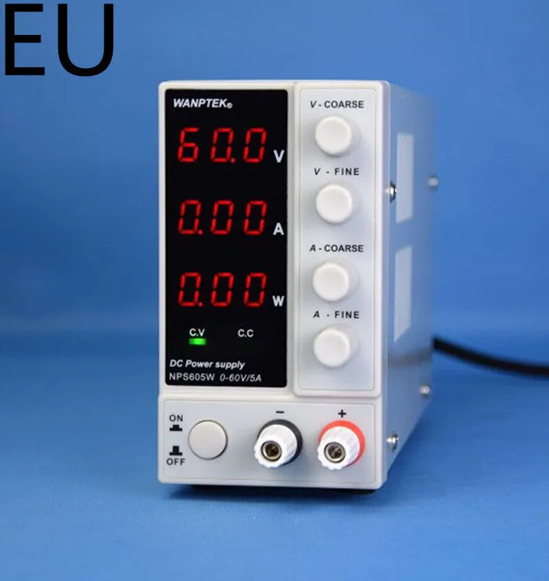 White adjustable DC power supply unit with 0-60V 0-5A output for electronics repair testing
