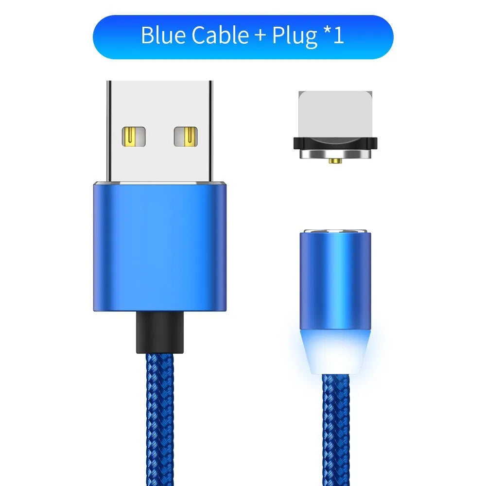 Black braided magnetic USB charging cable with LED light and aluminium connector.