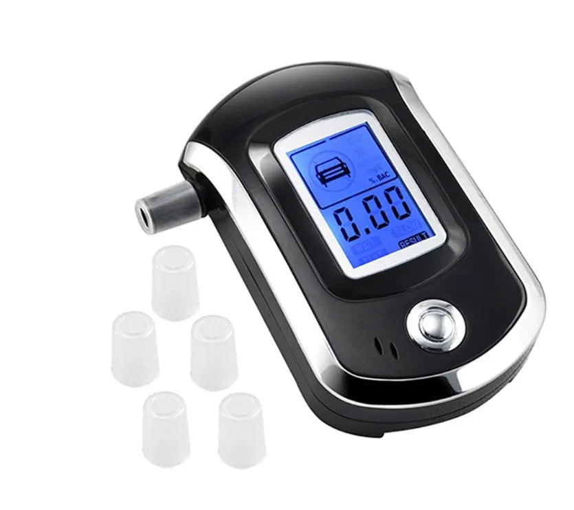 Black portable alcohol breath tester device with LCD screen and attached mouthpiece.