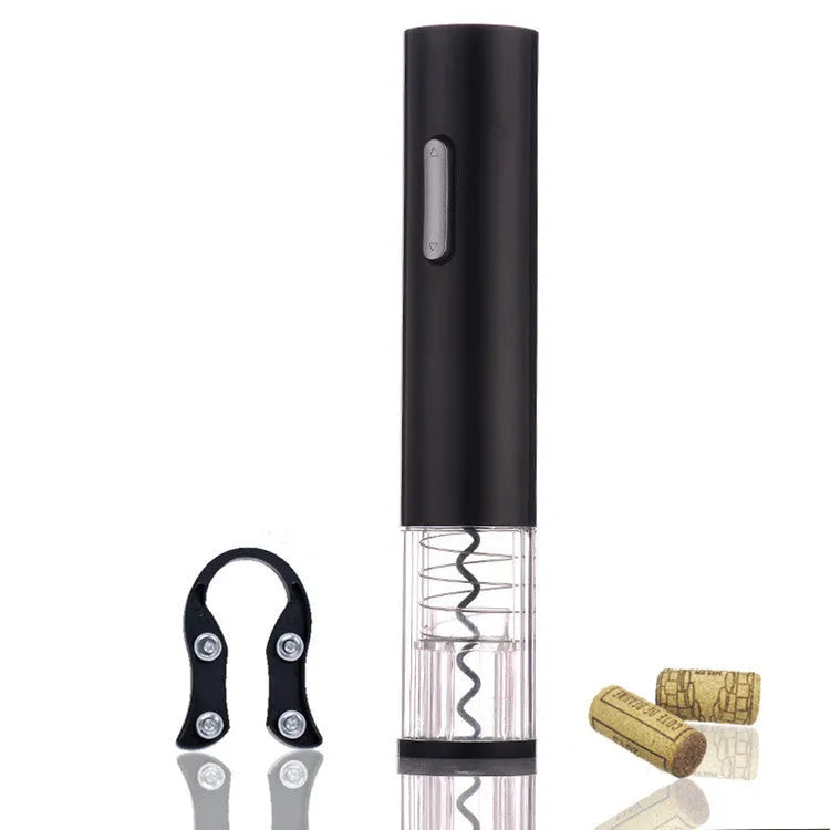 Black electric wine bottle opener with foil cutter showing automatic corkscrew mechanism