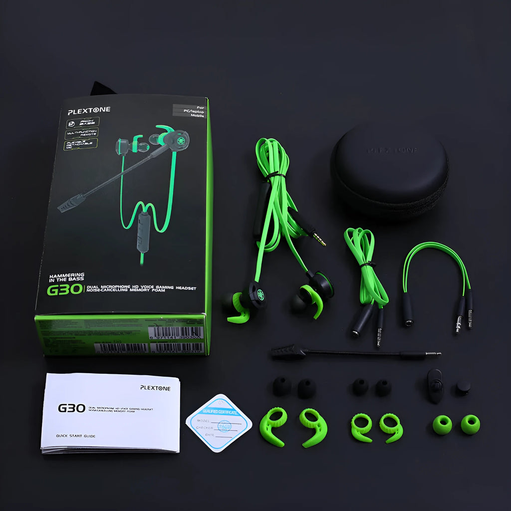 Shuangmai wired in-ear gaming headset in black, green, and red with 1.5cm cable