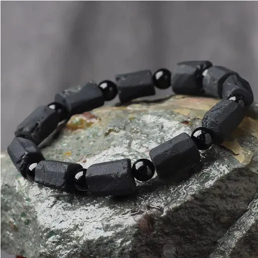Natural black tourmaline rough stone unisex bracelet, 10mm size with Seiko processed beads.