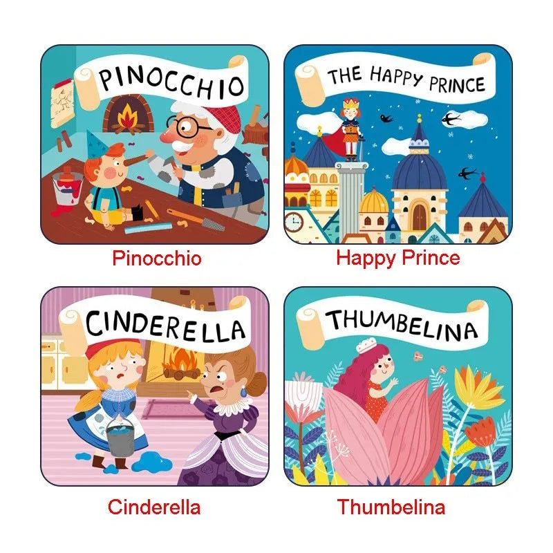 Kids handheld storybook projector torch with four fairy tale discs projecting images on wall
