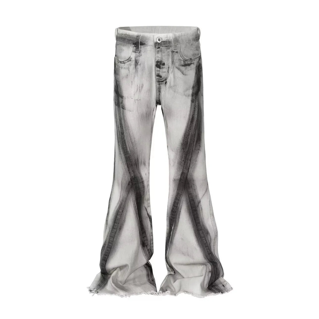 American street retro style heavy rough selvedge jeans with a black ribbon gradient wash on a mid-waist fit.