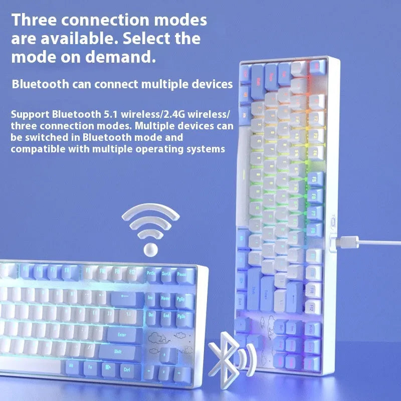 Wireless aluminium mechanical keyboard with hot-swappable switches in blue white colour option