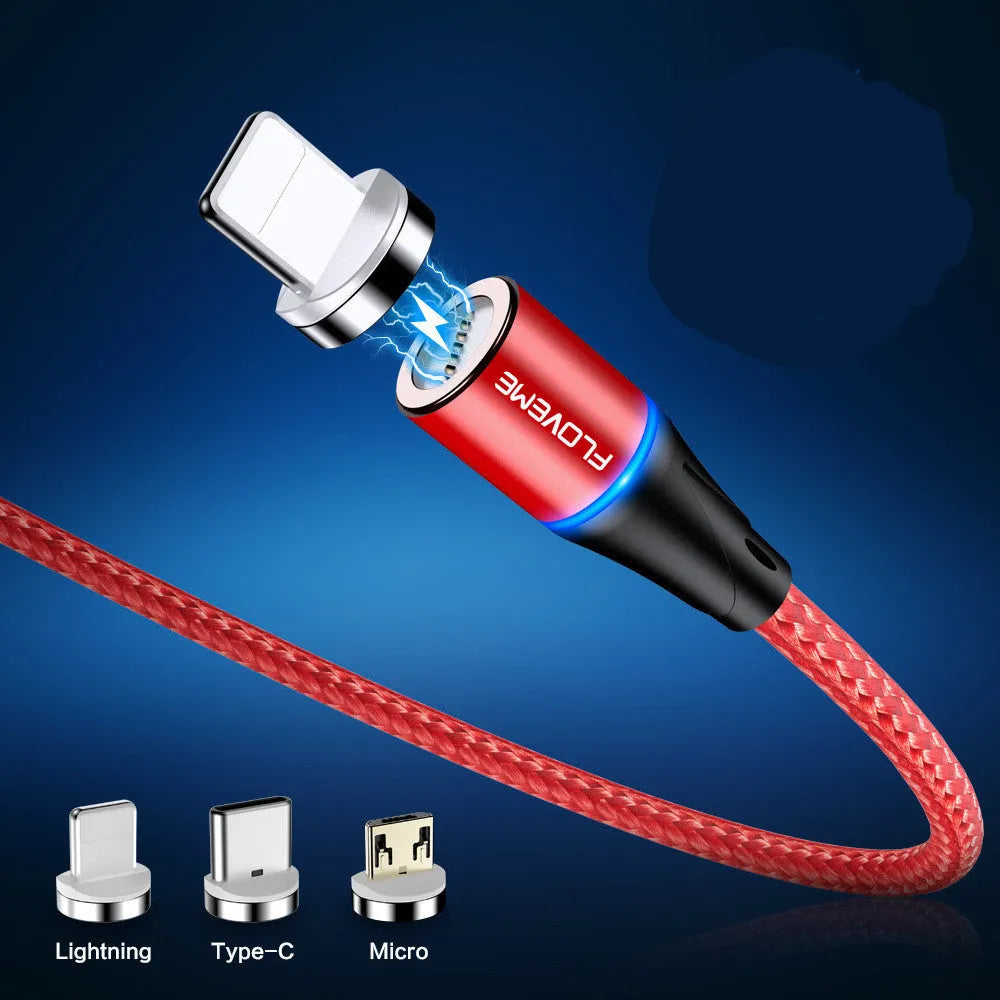 Black magnetic USB-C fast charging cable with side indicator lights for iPhone and Android devices
