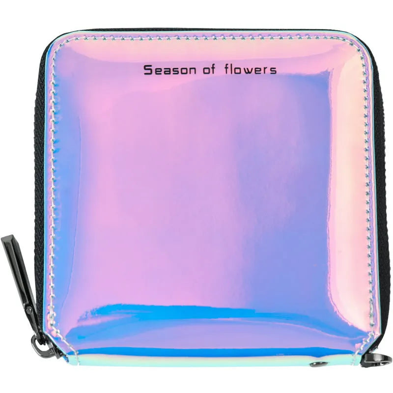 Women's short folding Korean style wallet in PU leather, shown in crystal blue, glitter, and green colours.