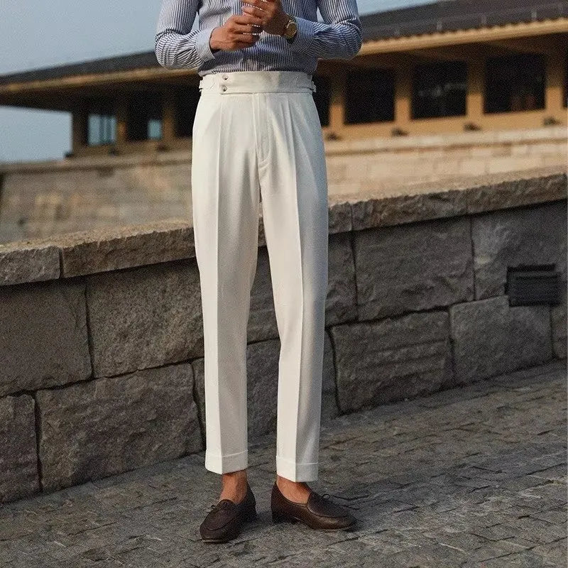 Men's slim fit straight-leg suit trousers in black, white, and apricot colours on a size chart background.