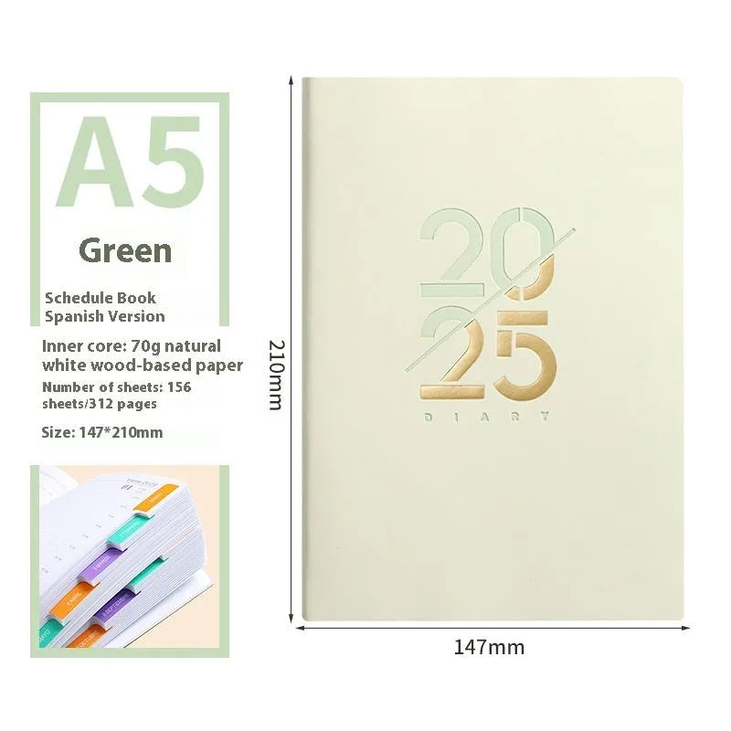Soft cover A5 daily planner schedule book in blue, showing lay-flat binding and faux leather texture.