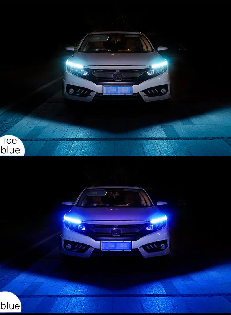 Car LED daytime running light strip with flowing turn signal indicator in silicone housing