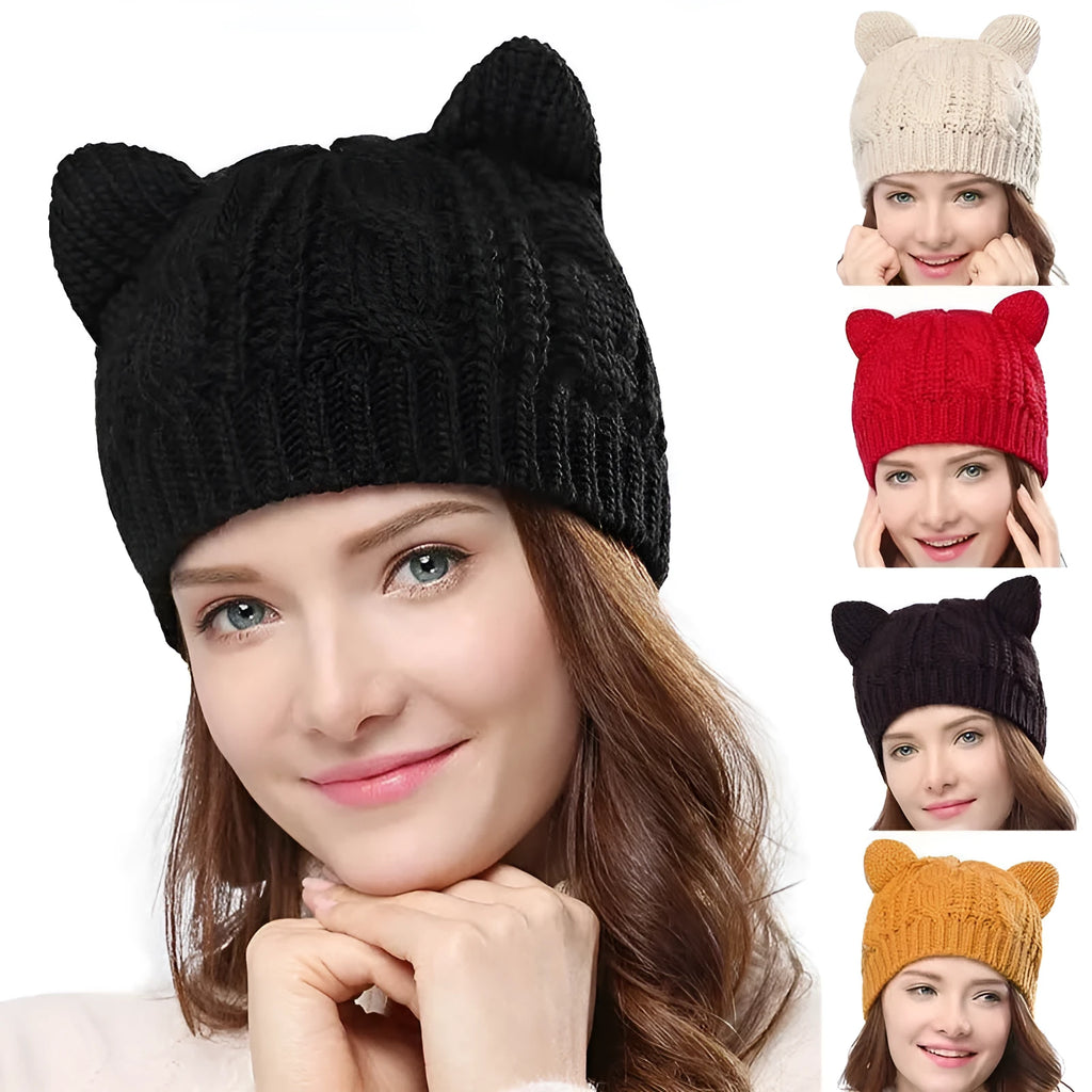 Hand made wool knitted beanie hat with 3D cat ears in multiple colours