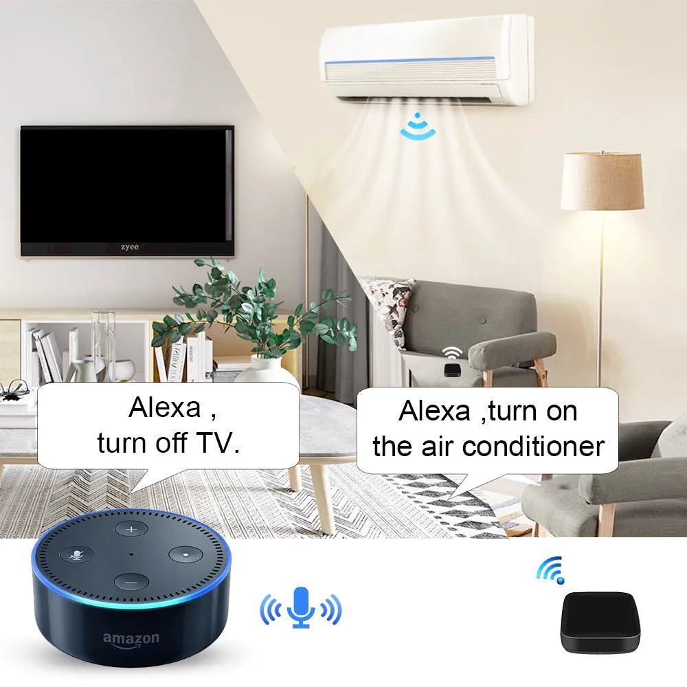 Black voice control universal infrared remote control with WiFi connectivity and environmental sensors