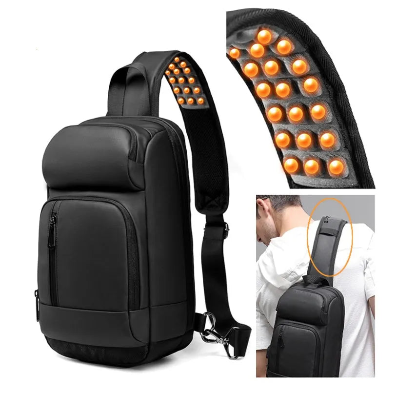Black PVC outdoor shoulder bag with air cushion strap, soft handle, and laptop compartment