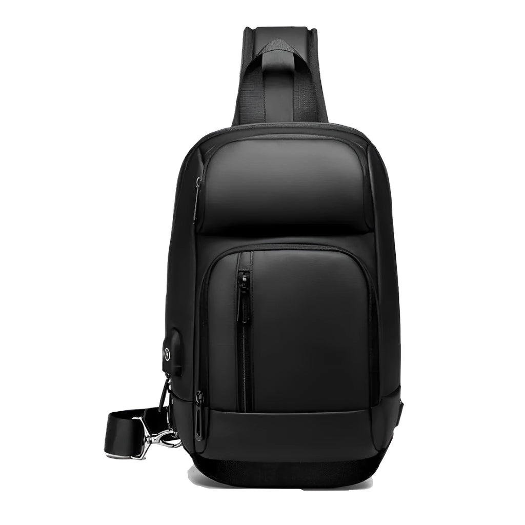 Black PVC outdoor shoulder bag with air cushion strap, soft handle, and laptop compartment