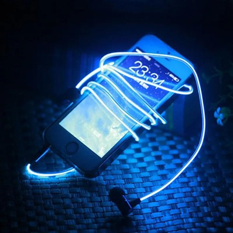 Blue LED light up earphones with 3.5mm plug and inline remote control on a dark background.