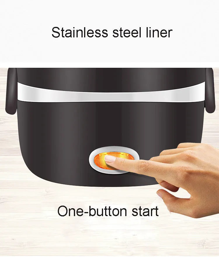 Multi-function electric lunch box with heating element showing two-layer and three-layer capacity options