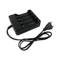 Black 4-slot 18650 lithium battery charger with UK plug and four vacant charging slots