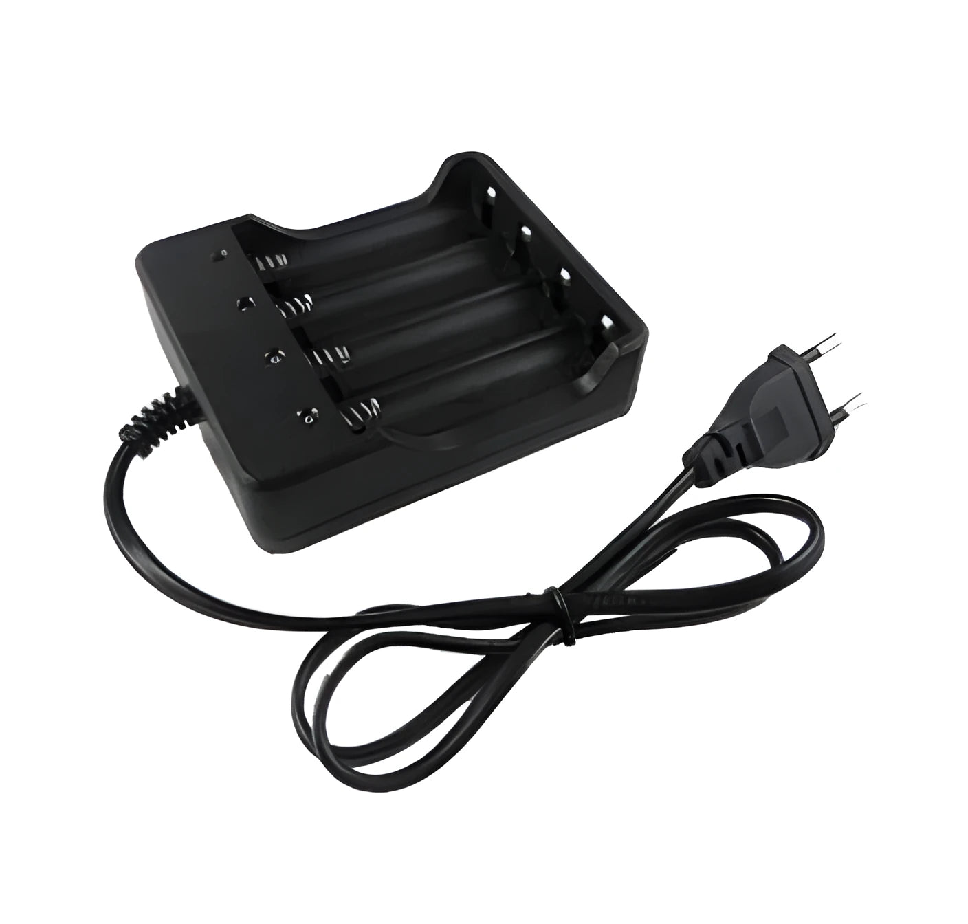 Black 4-slot 18650 lithium battery charger with UK plug and four vacant charging slots