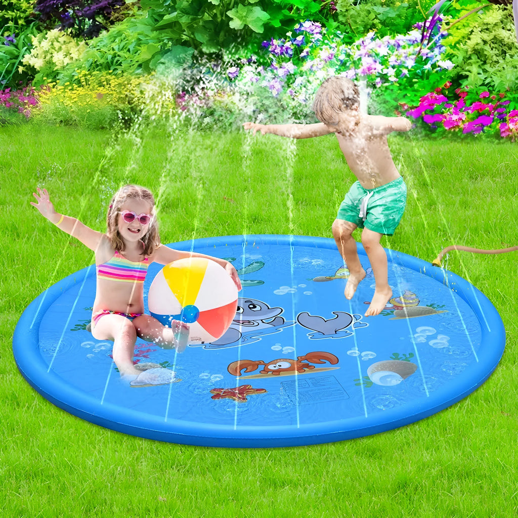 Blue PVC children's water spray play mat with marine animal prints, connected to a garden hose.