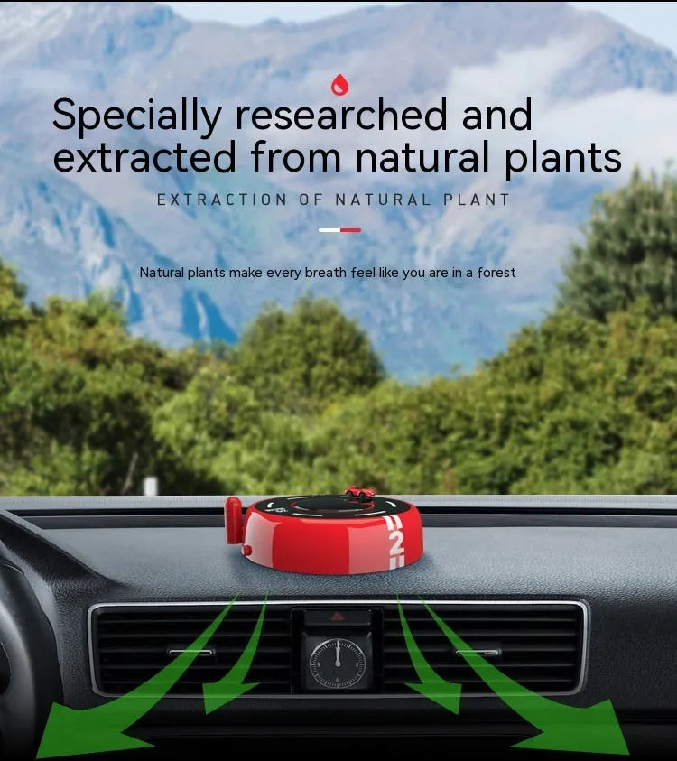 Round modern car model air freshener decoration in black, with solar panel and USB port.
