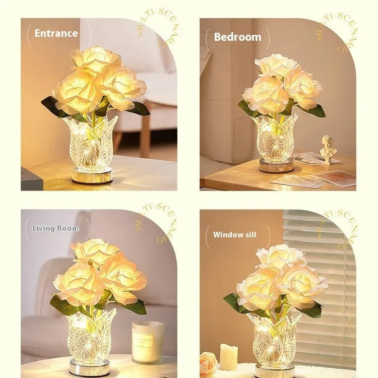 Modern crystal flowers rechargeable touch table lamp with dimming function on bedside table