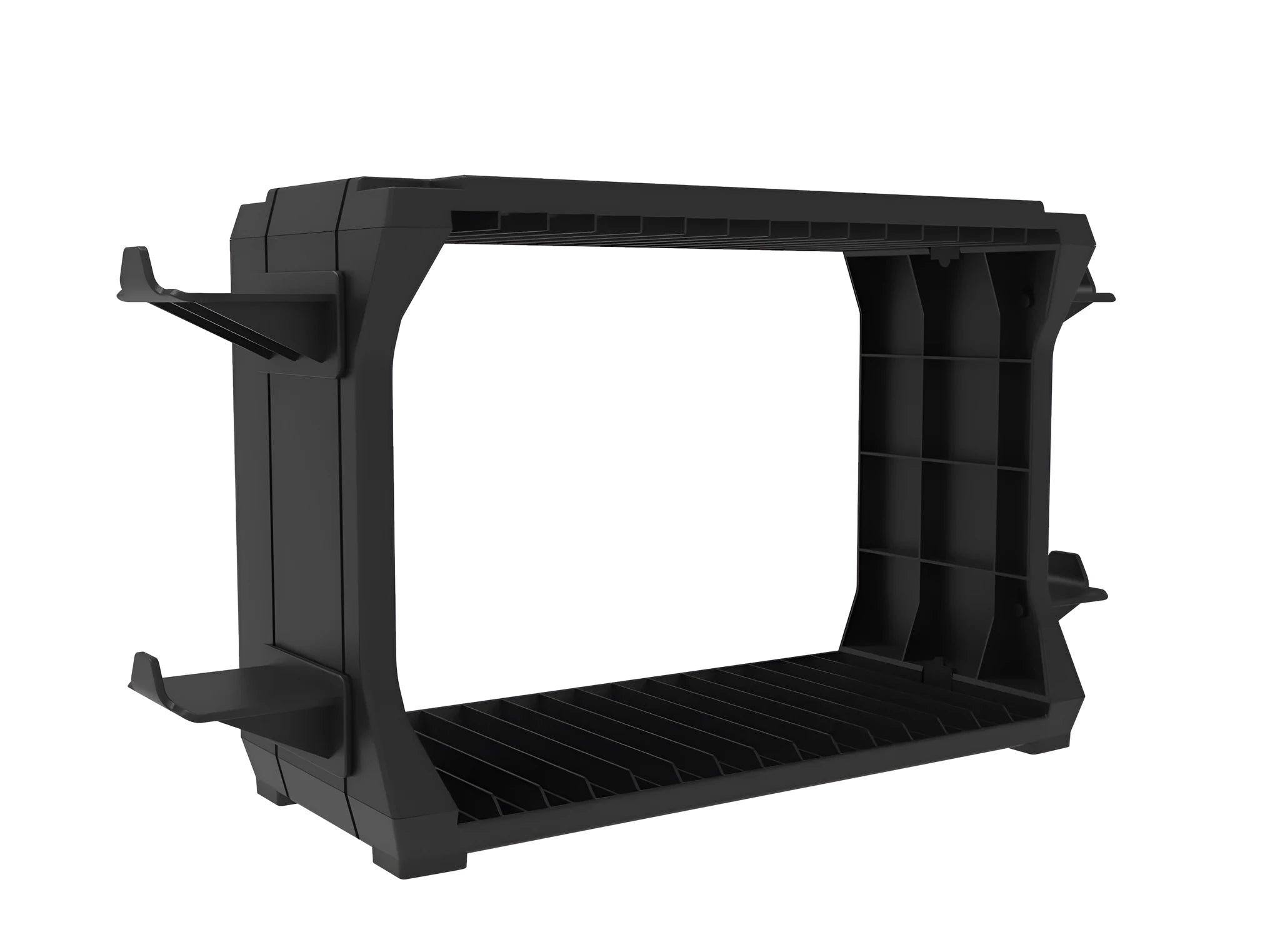 Black PS5 disc holder stand storing game cases and four controllers