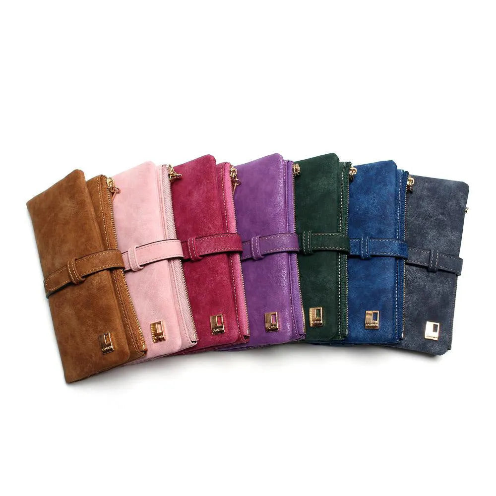 Women's long vertical zip wallet in retro matte PU leather, shown in an open two-fold view revealing internal card slots and compartments.