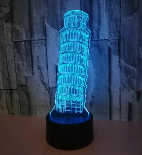 Leaning Tower of Pisa 3D acrylic nightlight with colourful LED illumination on a black base.