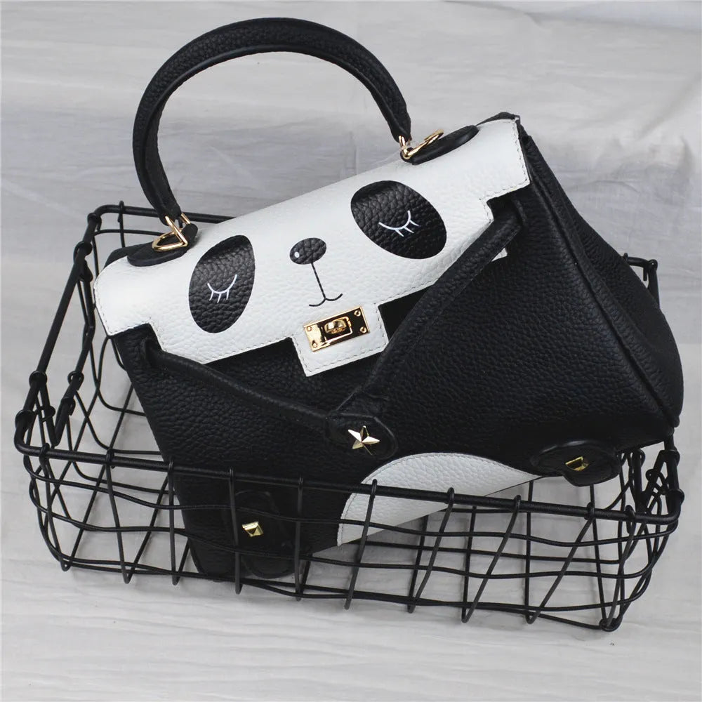 Panda print cow leather women's handbag in horizontal square shape, two size options shown.